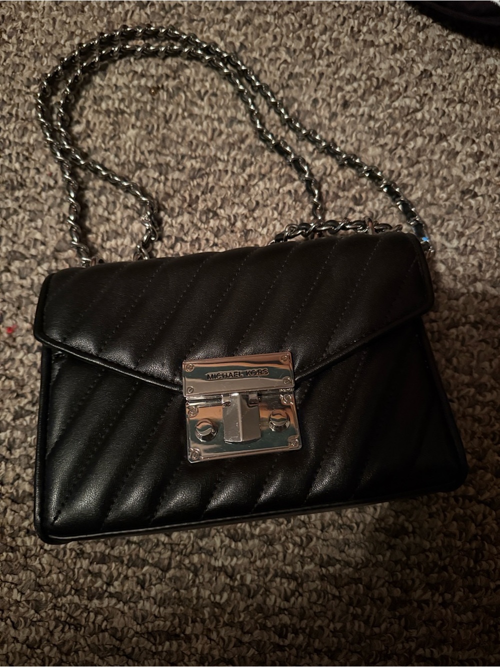 Michael Kors Black Quilted Leather Crossbody with Silver Chain